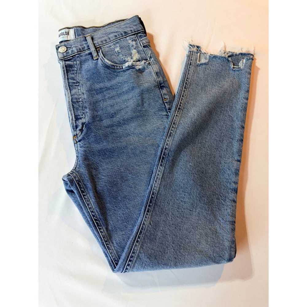 AGOLDE Nico High Rise Slim Fit Jeans Medium Wash Distressed Raw Hem 27 Indie